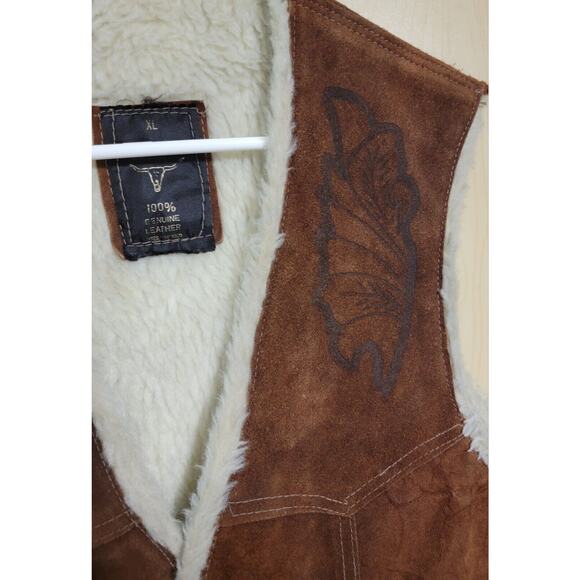 Vintage Suede Leather Sherpa Lined Vest with Embossed Horse Back Western XLarge - Picture 3 of 8